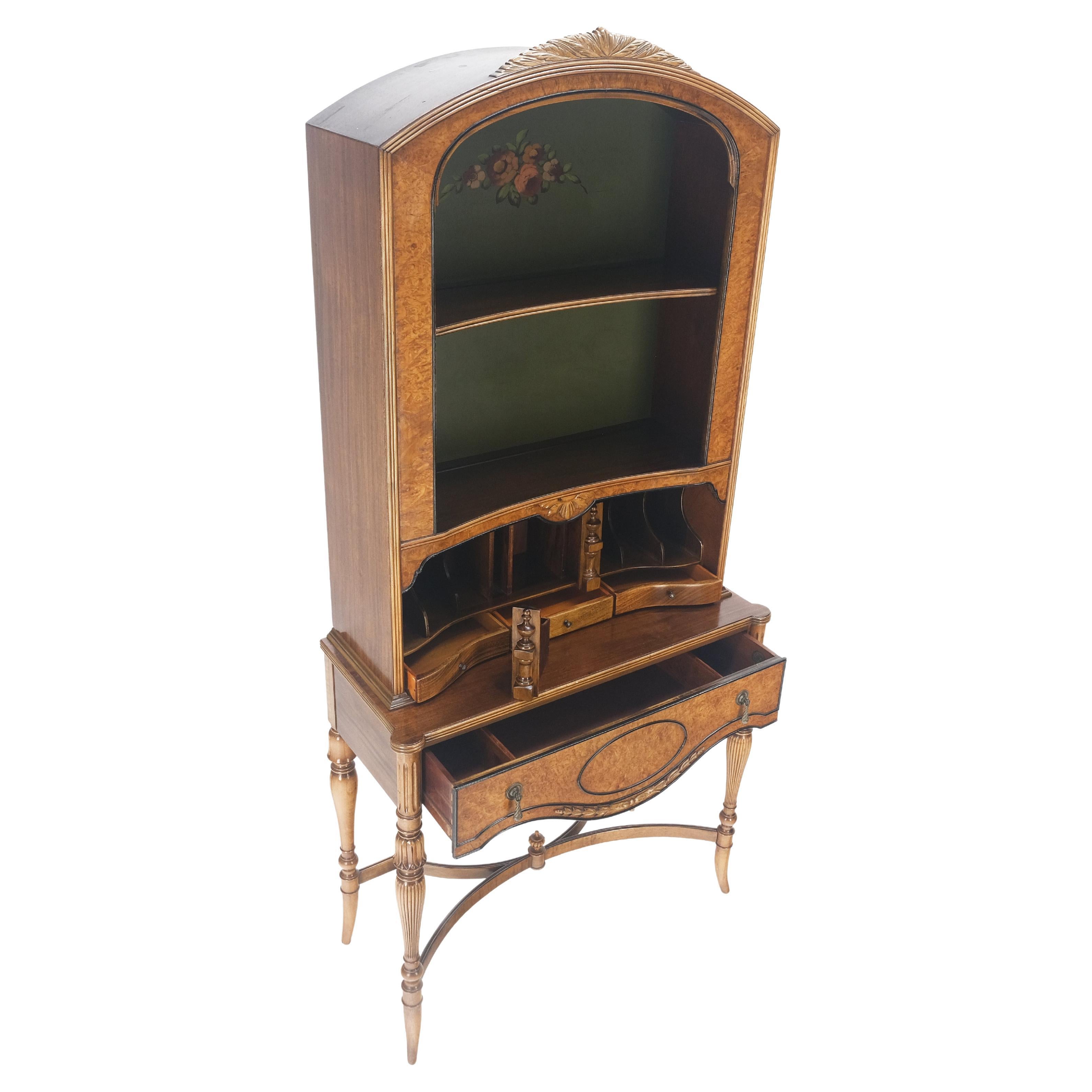 Berkey & Gay Painted Decorated Petit Secretary Display Cabinet with Shelves Burl For Sale