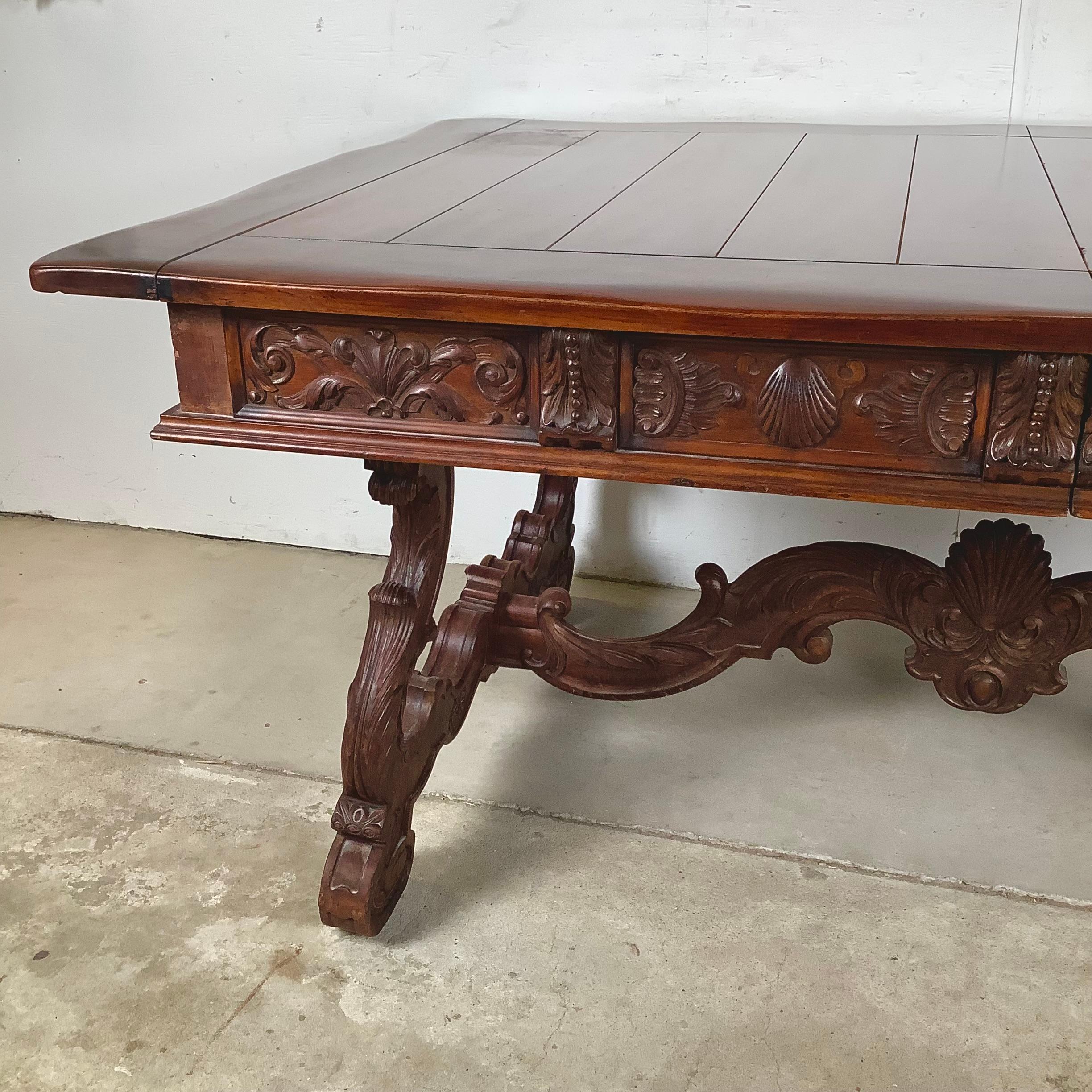 American Berkey & Gay Spanish Revival Trestle Dining Table with Leaves For Sale