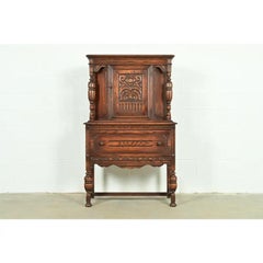 Berkey & Gay Style Antique English Jacobean Carved Oak Bar Cabinet, Circa 1920s