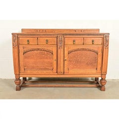Berkey & Gay Style Antique English Jacobean Carved Oak Sideboard, Circa 1920s
