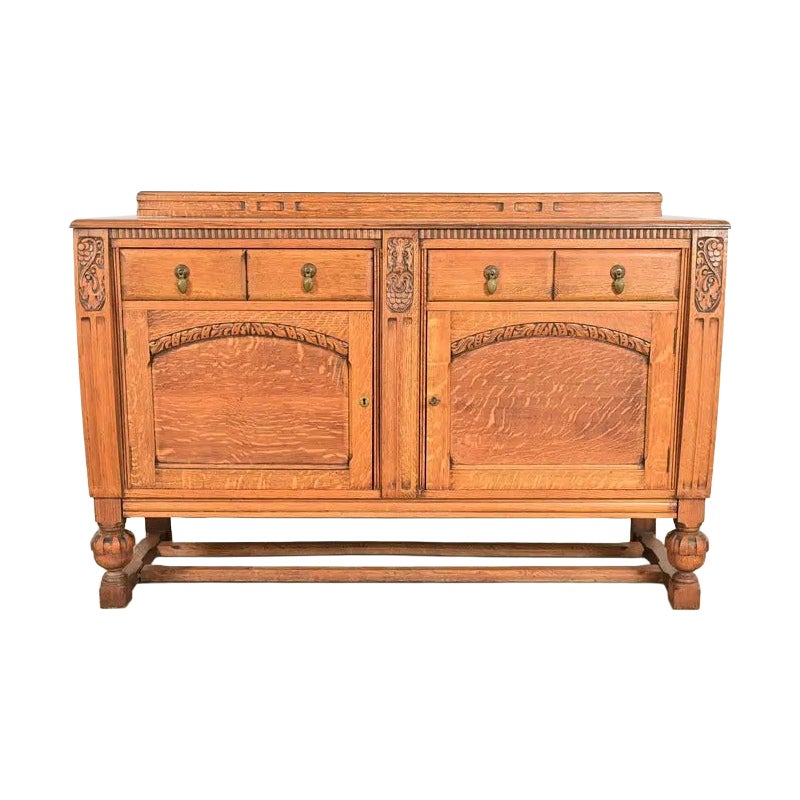 Berkey & Gay Style Antique English Jacobean Carved Oak Sideboard, Circa 1920s