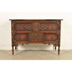 Berkey & Gay Style Antique English Jacobean Carved Walnut Dresser, Circa 1920s