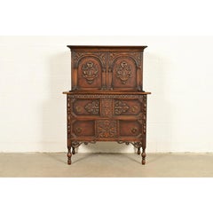 Berkey & Gay Style Antique English Jacobean Carved Walnut Highboy Dresser, 1920s