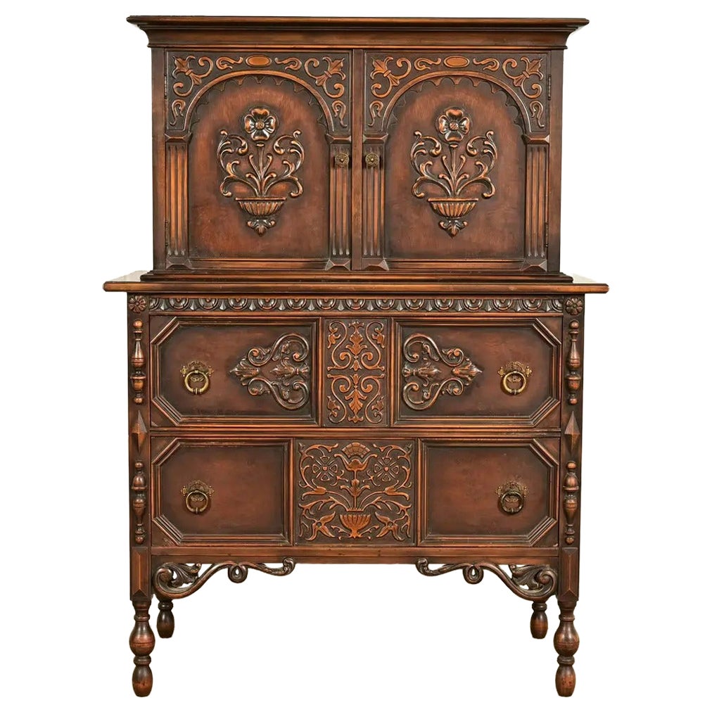 Berkey & Gay Style Antique English Jacobean Carved Walnut Highboy Dresser, 1920s For Sale
