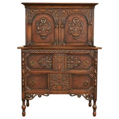 Berkey & Gay Style Antique English Jacobean Carved Walnut Highboy Dresser, 1920s