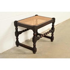 Berkey & Gay Style Antique Jacobean Carved Walnut and Cane Stool, Circa 1920s