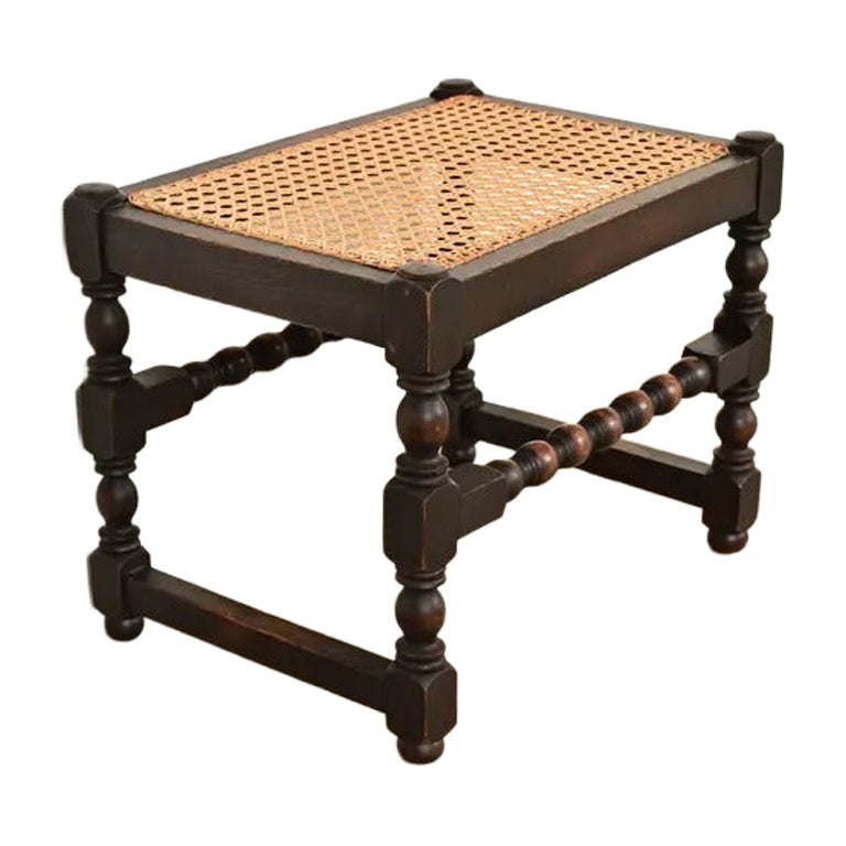 Berkey & Gay Style Antique Jacobean Carved Walnut and Cane Stool, Circa 1920s