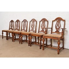 Berkey & Gay Style Antique Jacobean Carved Walnut Dining Chairs, Set of Six