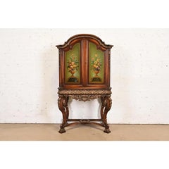 Berkey & Gay Style Antique Jacobean Hand Painted Bar Cabinet, Circa 1920s