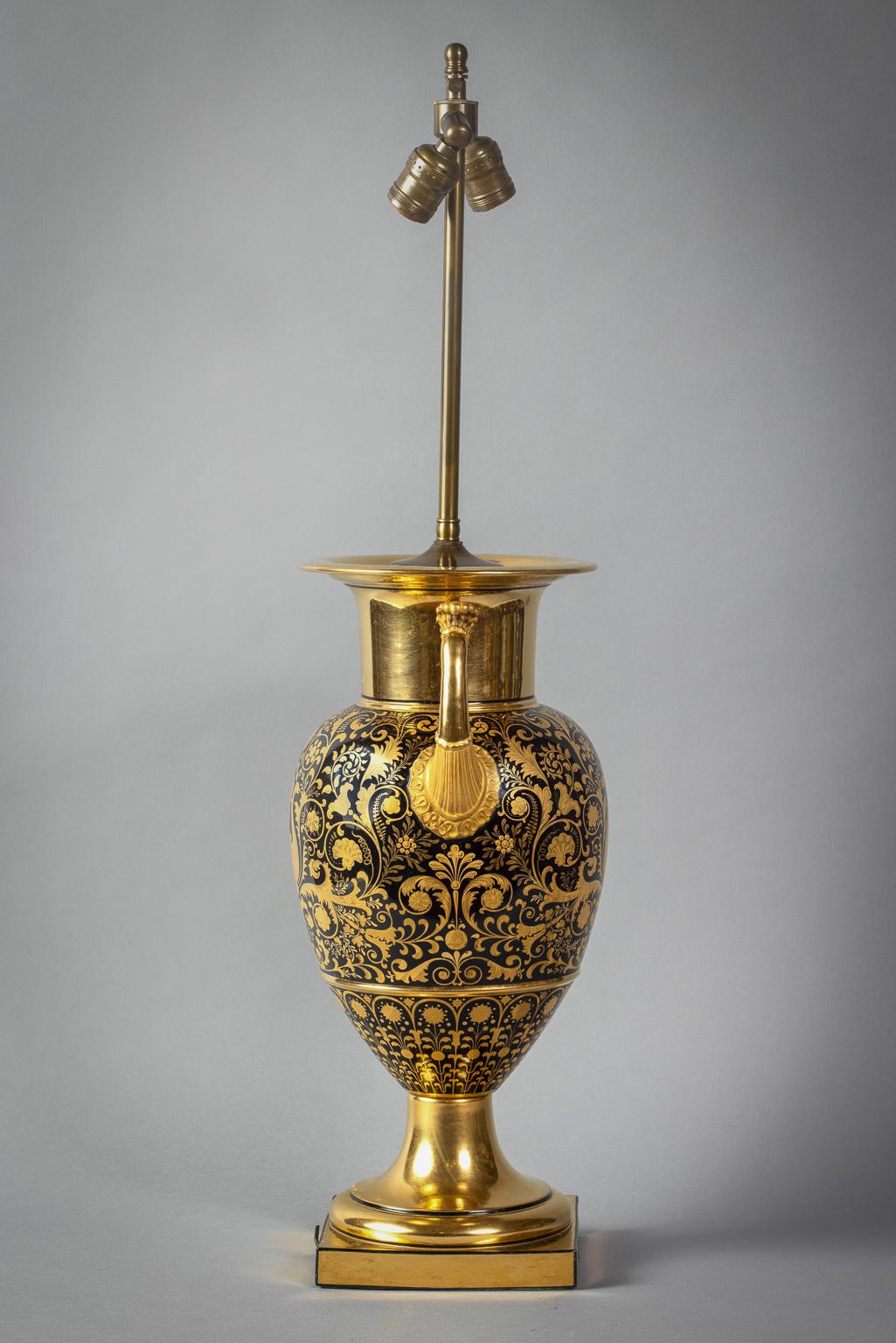 Neoclassical Berlin Blue and Gold Vase Mounted as Lamp, circa 1820 For Sale
