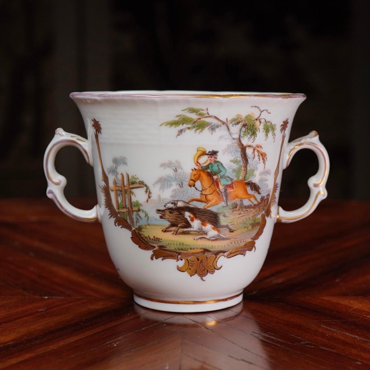 Porcelain Berlin Chocolate Cup, Rococo Hunt Scenes, circa 1780 For Sale