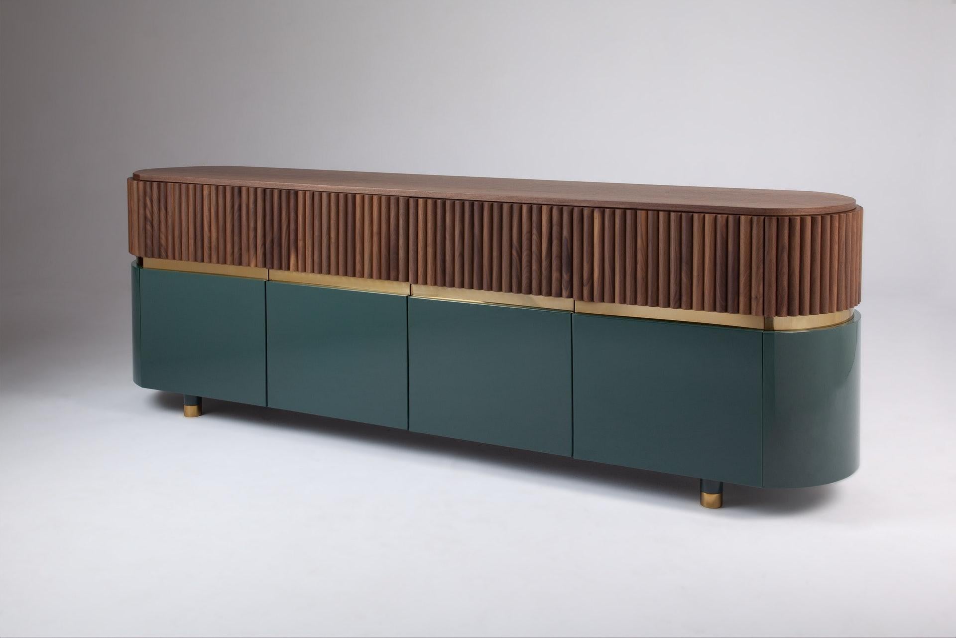Berlin Contemporary sideboard by Dooq
Dimensions: W 250 x D 50 x H 78 cm
Materials: MDF, Marble, Natural Walnut Veneer, Stainless Steel Plated Polished Copper, Feet: Stainless Steel Plated Polished Copper

Metropolis Sideboard was created embodying