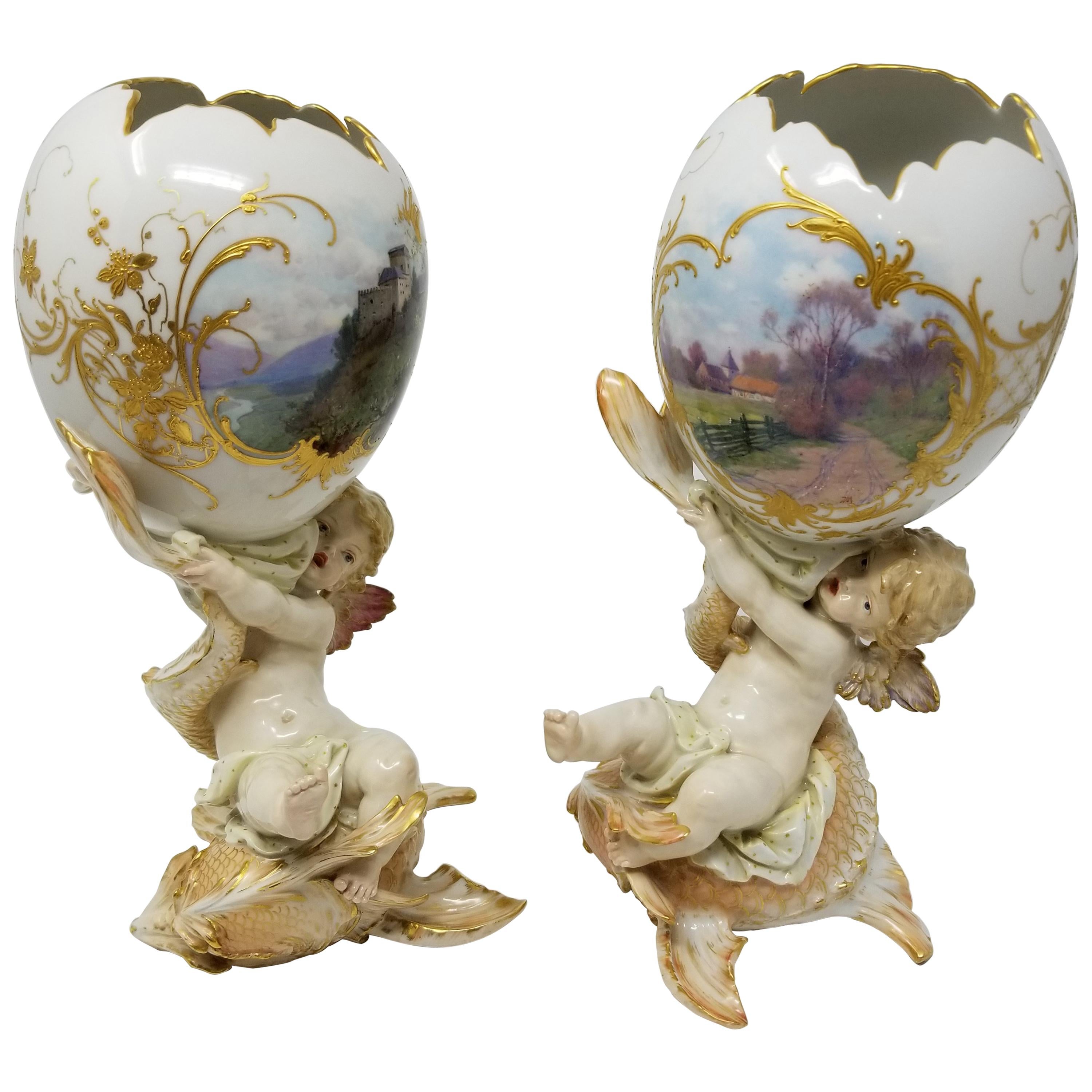 Berlin KPM Figural Porcelain Egg Shaped Weichmalerei Vases
