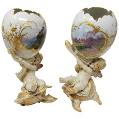 Berlin KPM Figural Porcelain Egg Shaped Weichmalerei Vases