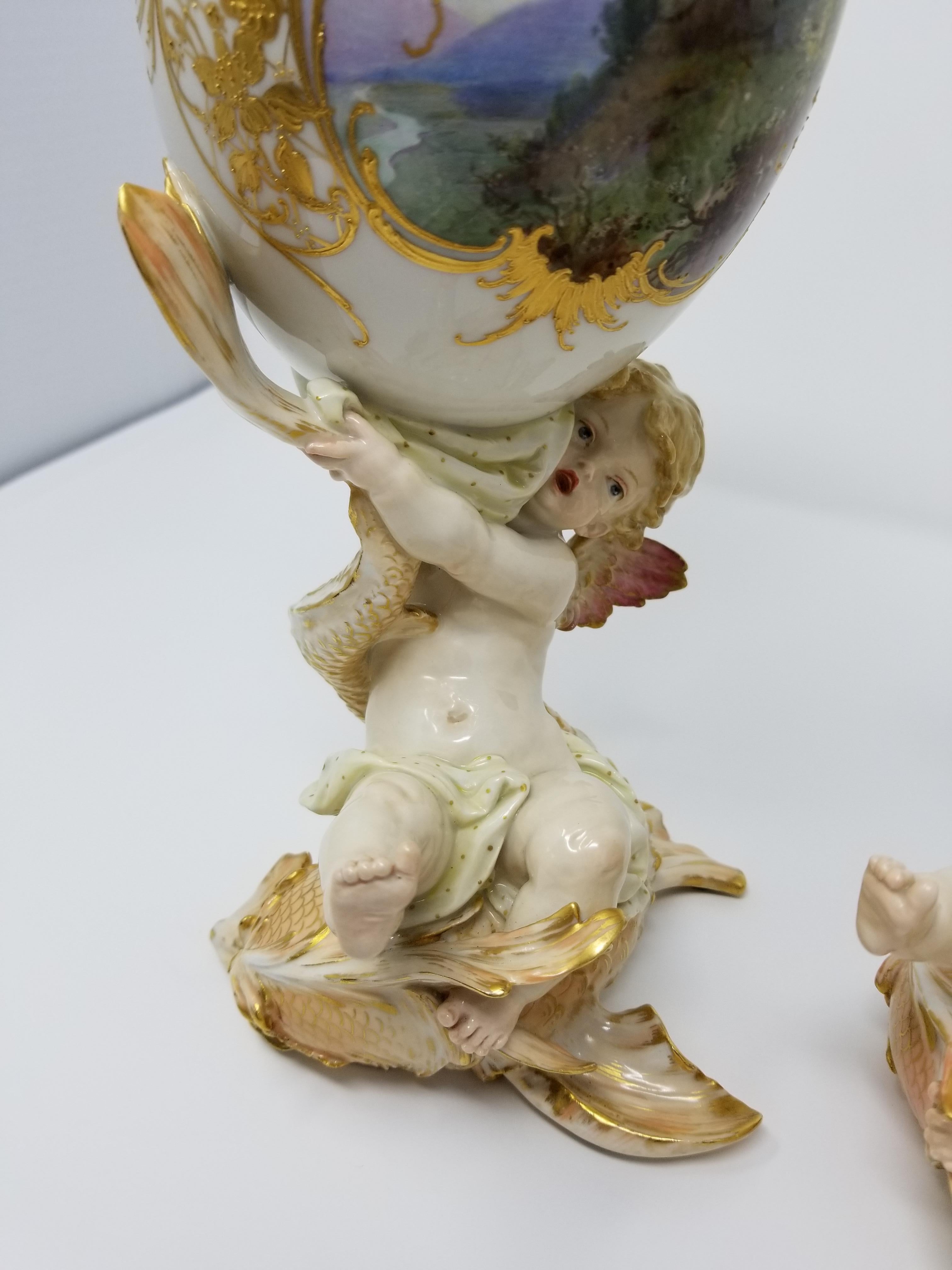 Gilt Berlin KPM Figural Porcelain Egg Shaped Weichmalerei Vases