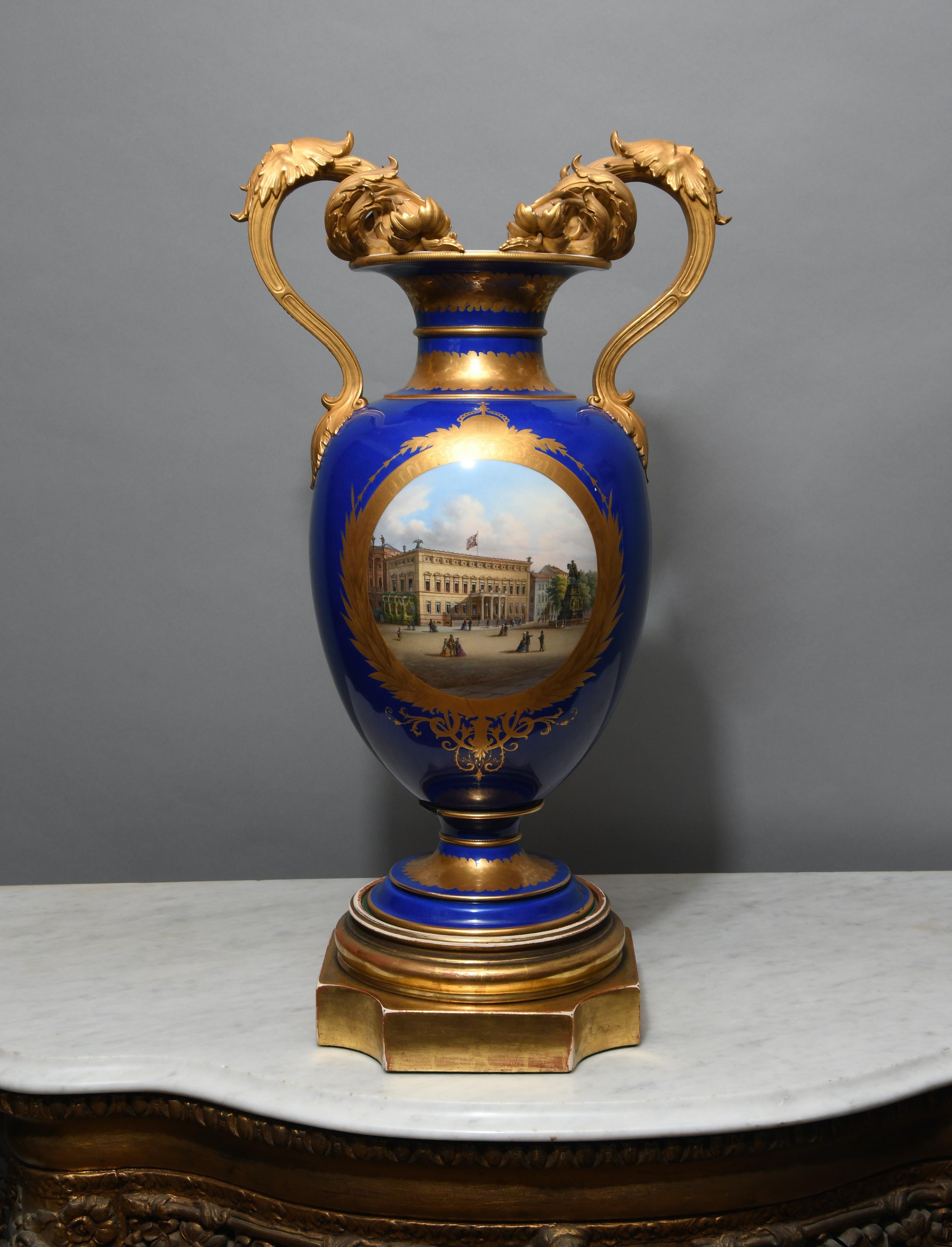 Gilt Berlin KPM Guild Royal Blue Porcelain Vase For Sale