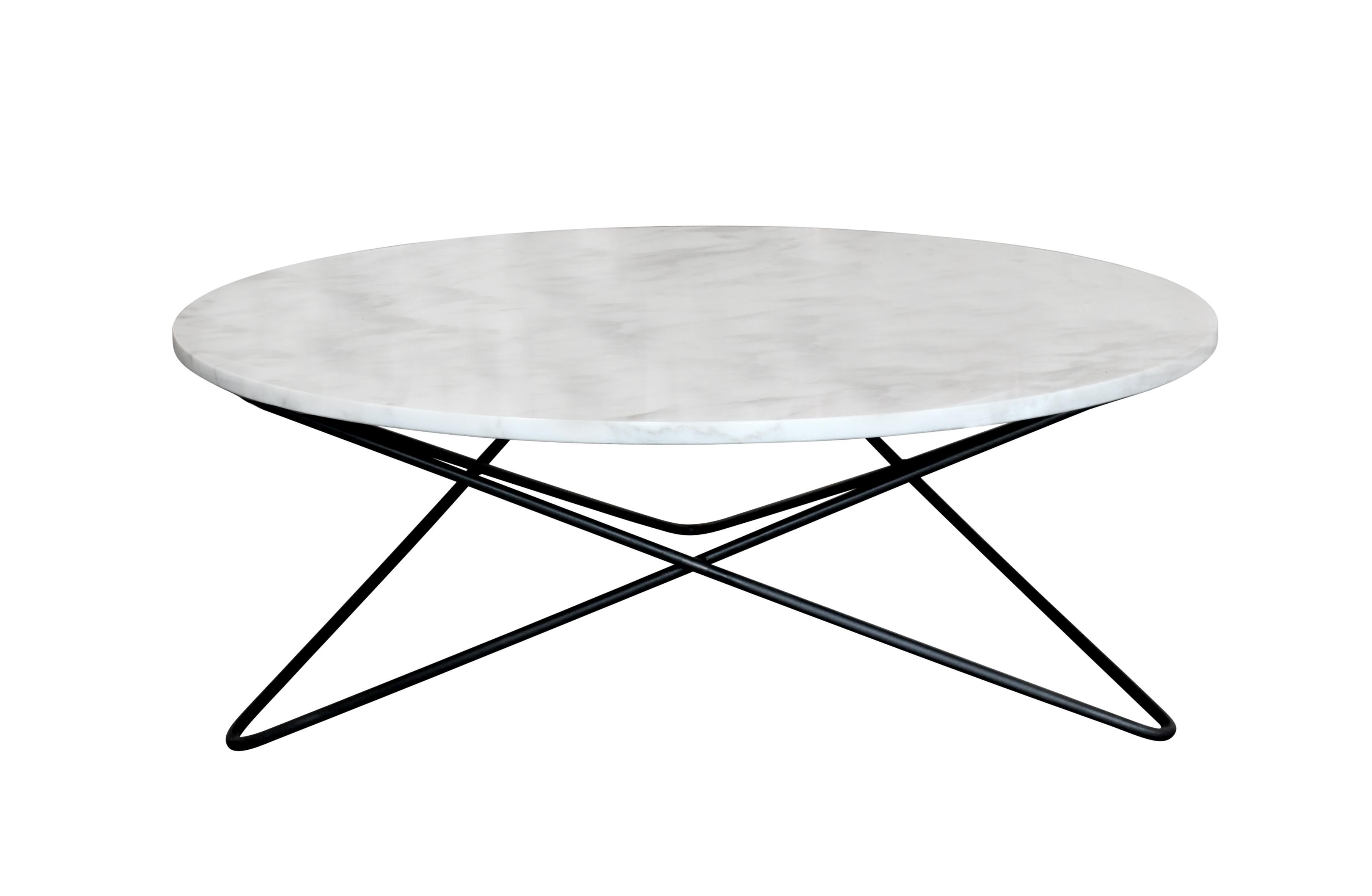 Geometric, visually kinetic cocktail table with round marble top. Can be made in any number of metal finishes, and with a wide variety of colored marble tops. Custom sizes and shapes are welcome. Can also be made as a dining or console table.