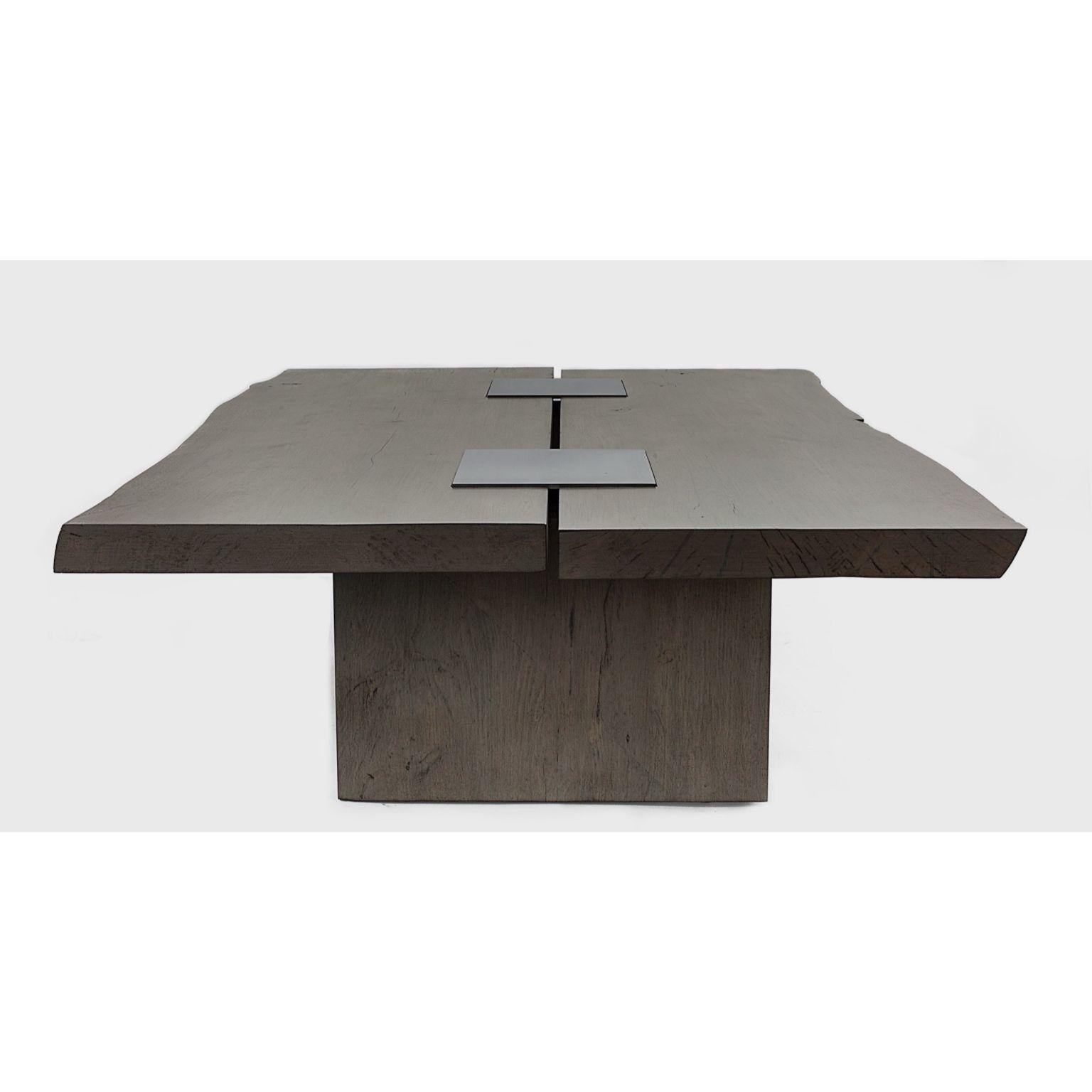 Berliner coffee table by Aguirre Design
Dimensions: L 152.4 X W 96.5 X H 35.6 cm
Materials: Solid maple with grey oxidized finish and brushed stainless steels inserts
 Pedestals in solid maple with grey oxidized finish

Rustic yet refined the