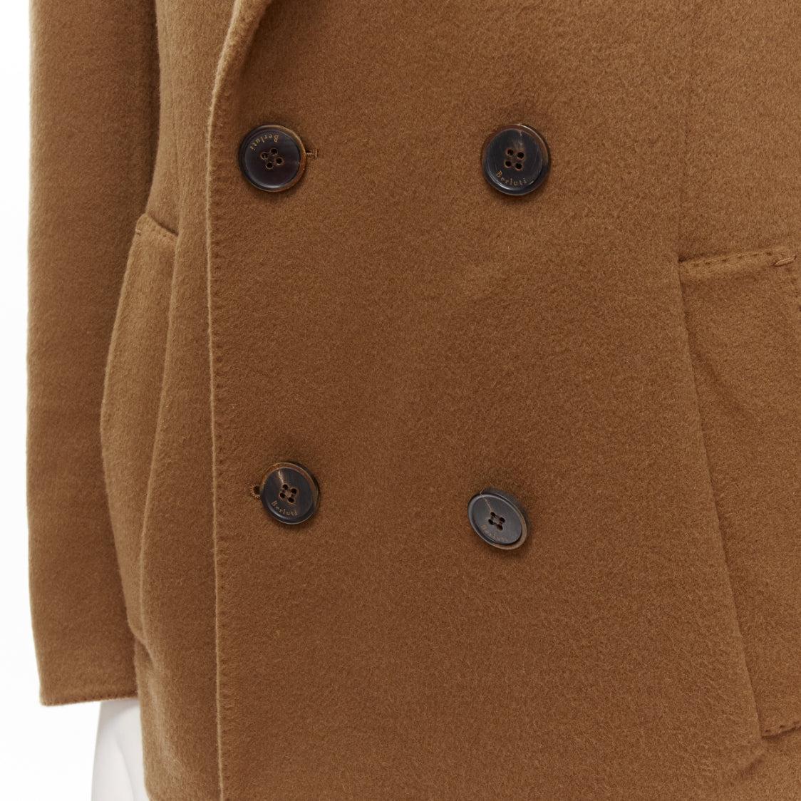 BERLUTI 100% cashmere double faced double breasted jacket IT50 L
Reference: CNLE/A00250
Brand: Berluti
Material: Cashmere
Color: Brown
Pattern: Solid
Closure: Button
Lining: Grey Cashmere
Extra Details: Double breasted. single vent back. Cowhide