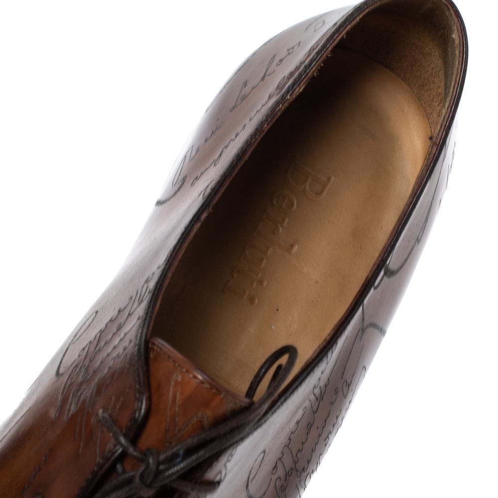 Berluti Brown Galet Scritto Leather Alessandro Oxfords Size 45 In Good Condition In Dubai, Al Qouz 2