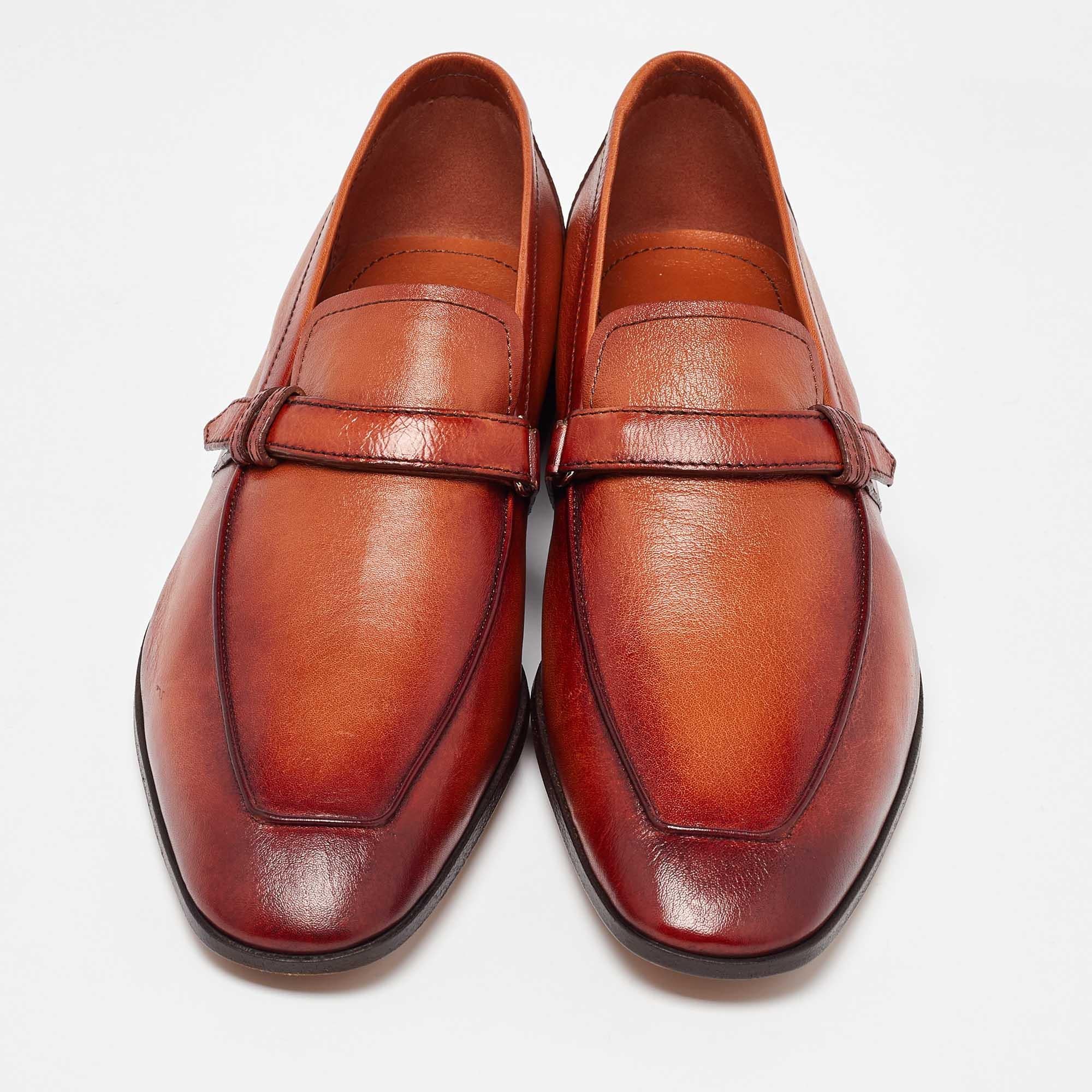 Berluti Brown Leather Strap Detail Penny Loafers Size 39.5 In New Condition In Dubai, Al Qouz 2