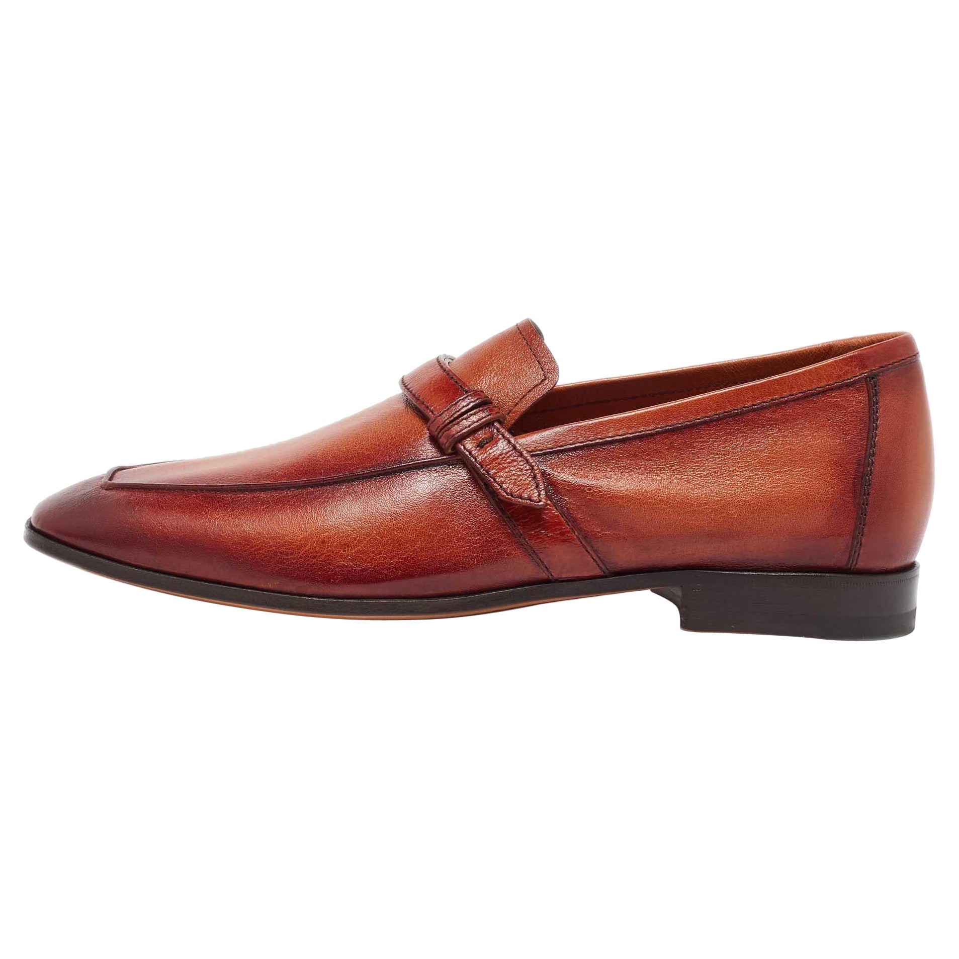 Berluti Brown Leather Strap Detail Penny Loafers Size 39.5