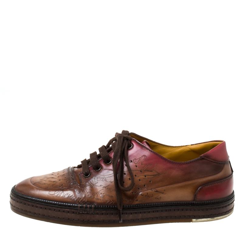 These brown ombre sneakers are designed to look slightly formal. They are by Berluti, crafted from leather and designed with signature words on the uppers, lace-ups and rubber soles. They are high in both appeal and comfort.

Includes: The Luxury