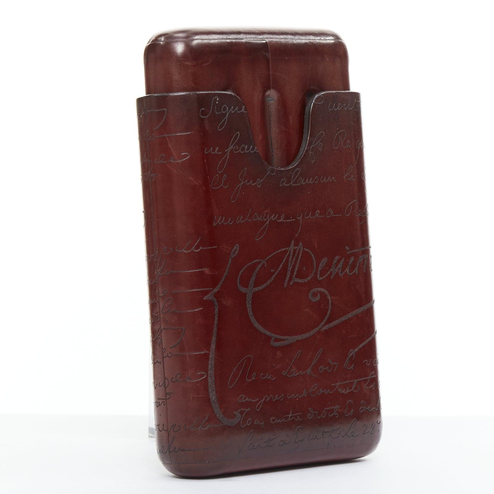 BERLUTI Estuche 4 Scritto rojo marrón caligrafía funda para puros de piel Marrón