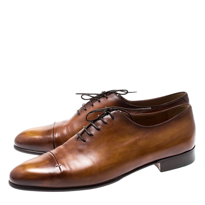 Berluti Cognac Brown Leather Signature Stitched Slash Oxfords Size 44 2
