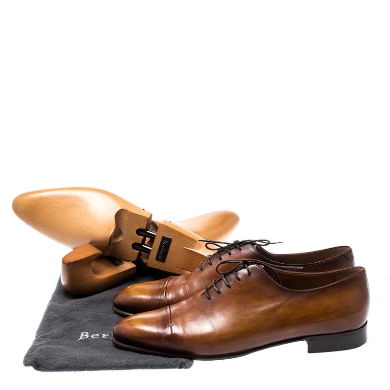 Berluti Cognac Brown Leather Signature Stitched Slash Oxfords Size 44 3