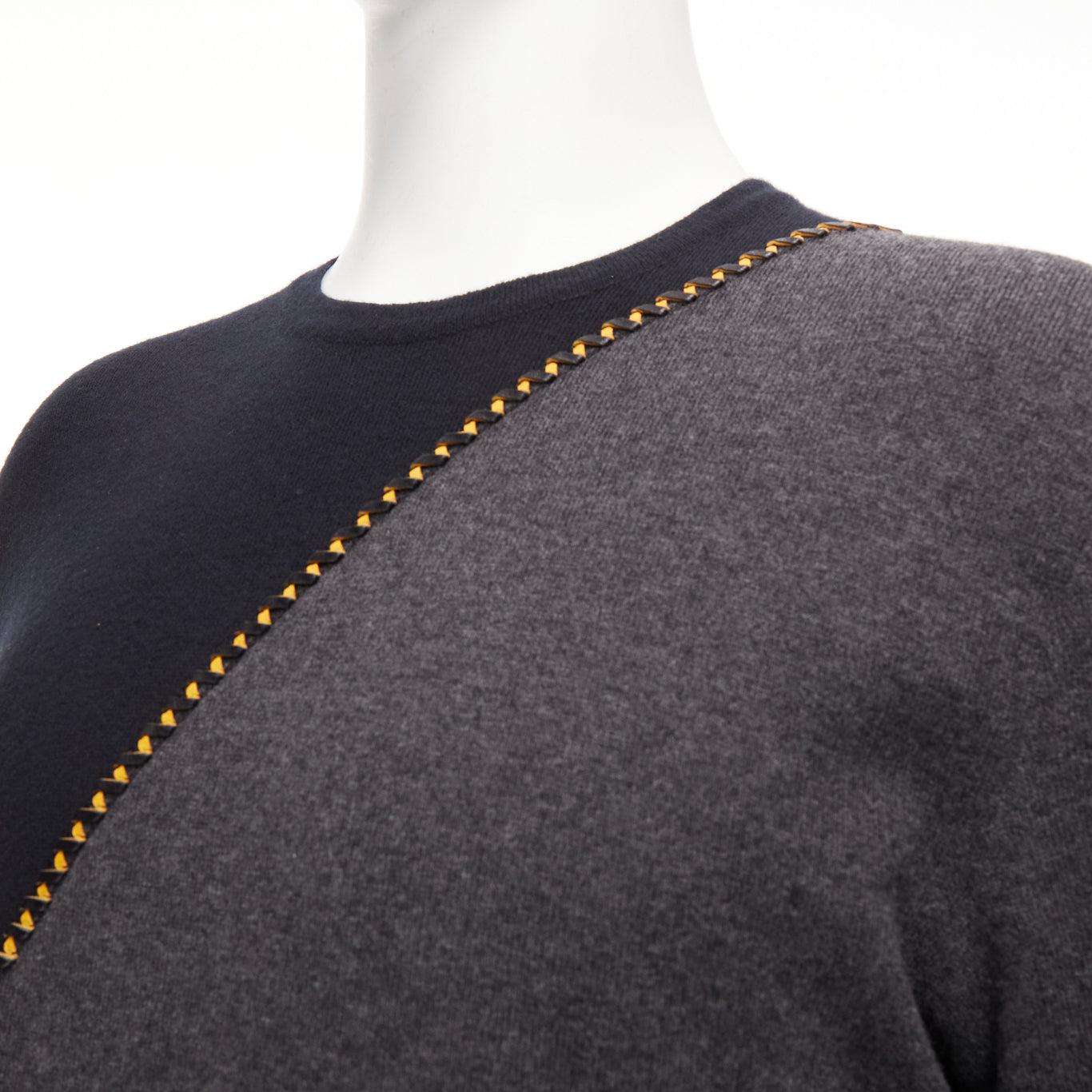 BERLUTI grey black yellow lambskin leather stitch wool cashmere split sweater M
Reference: JSLE/A00122
Brand: Berluti
Material: Wool, Cashmere, Leather
Color: Grey, Yellow
Pattern: Solid
Closure: Pullover
Made in: Italy

CONDITION:
Condition: