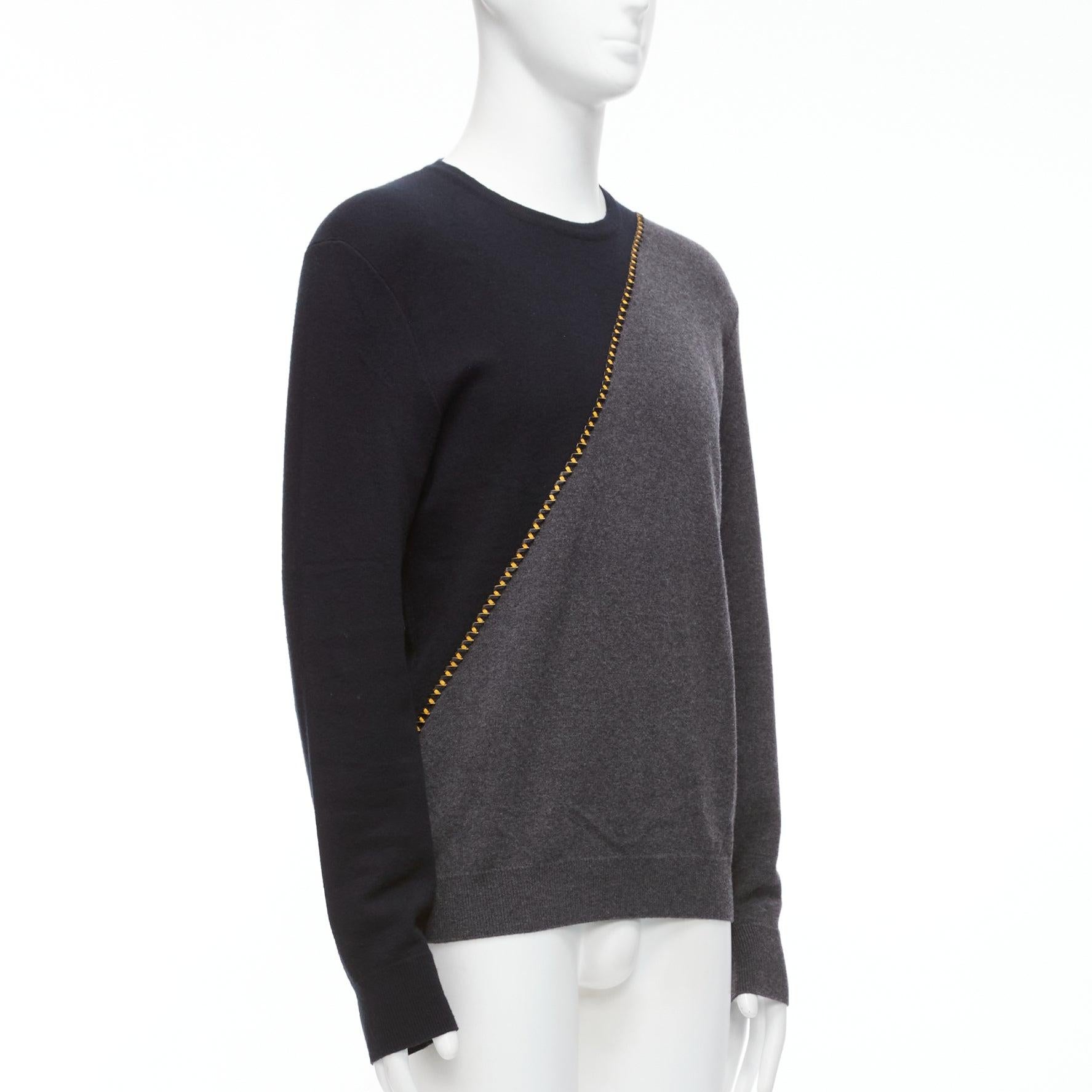 BERLUTI grey black yellow lambskin leather stitch wool cashmere split sweater M In Excellent Condition For Sale In Hong Kong, NT