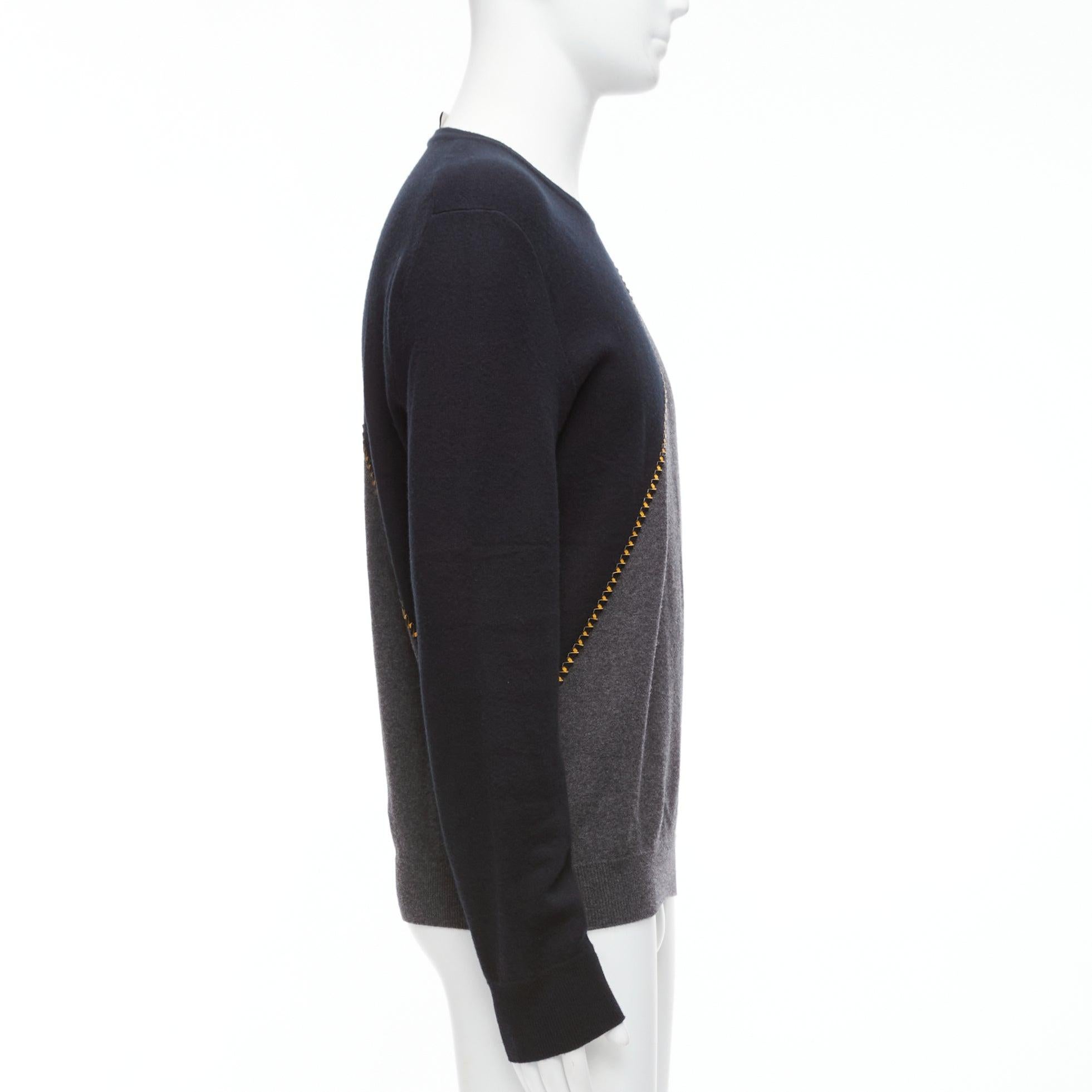 BERLUTI grey black yellow lambskin leather stitch wool cashmere split sweater M In Excellent Condition For Sale In Hong Kong, NT