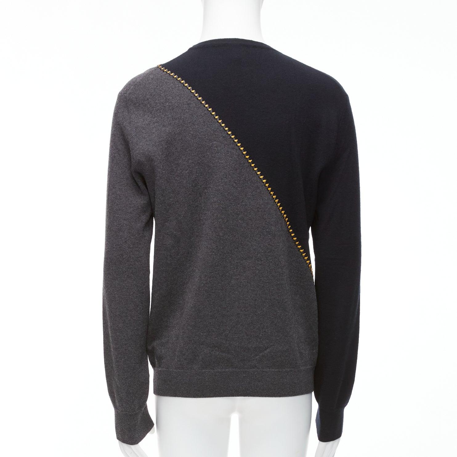 BERLUTI grey black yellow lambskin leather stitch wool cashmere split sweater M For Sale 1