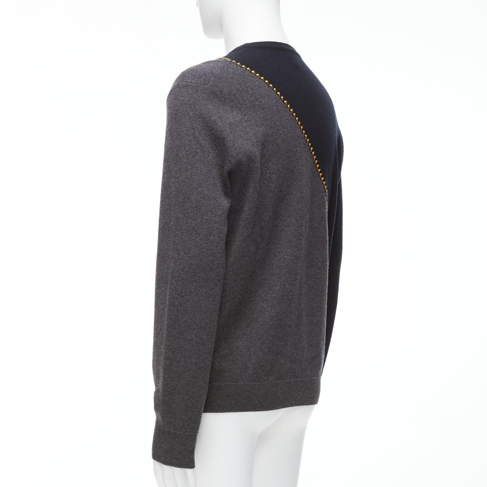 BERLUTI grey black yellow lambskin leather stitch wool cashmere split sweater M For Sale 2