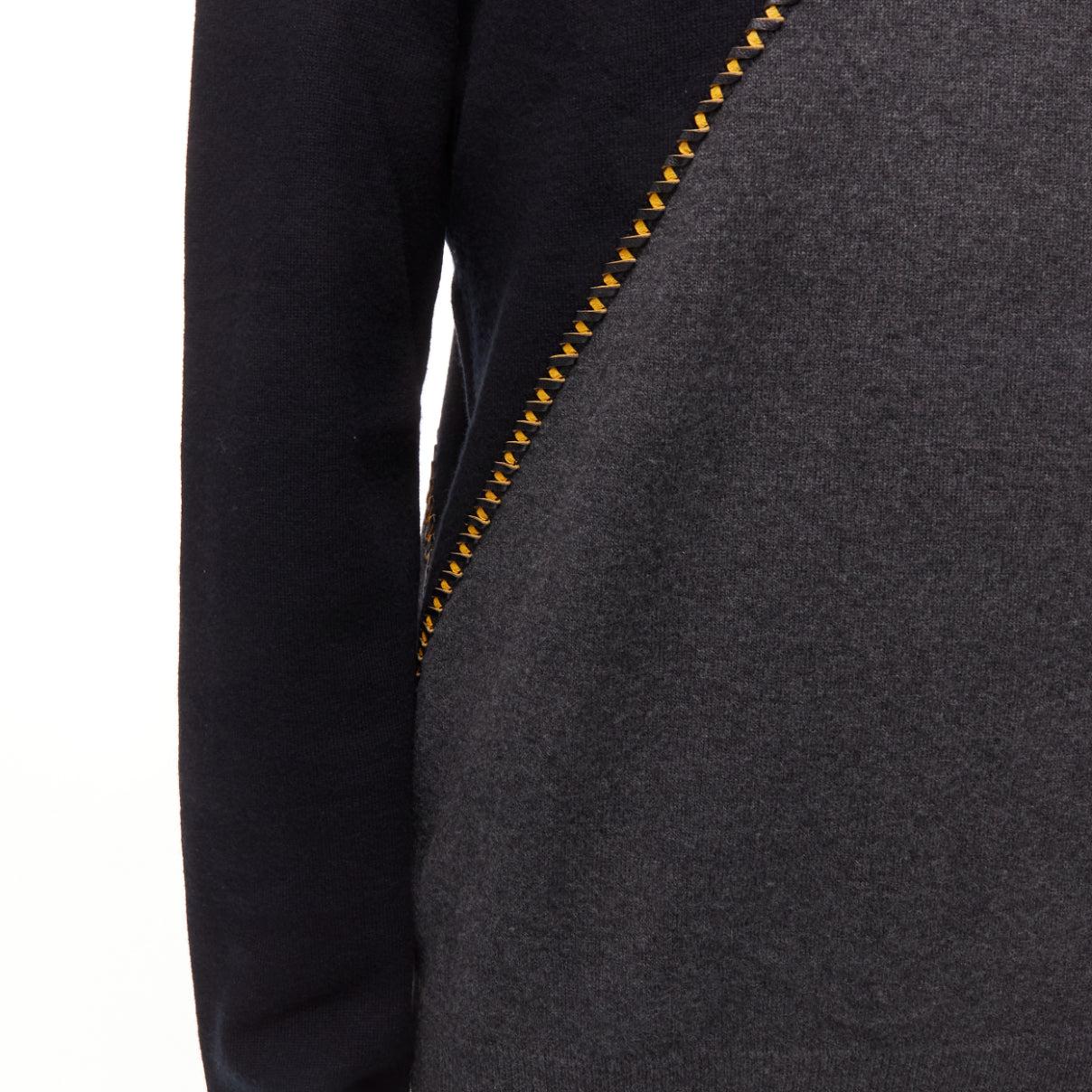 BERLUTI grey black yellow lambskin leather stitch wool cashmere split sweater M For Sale 2