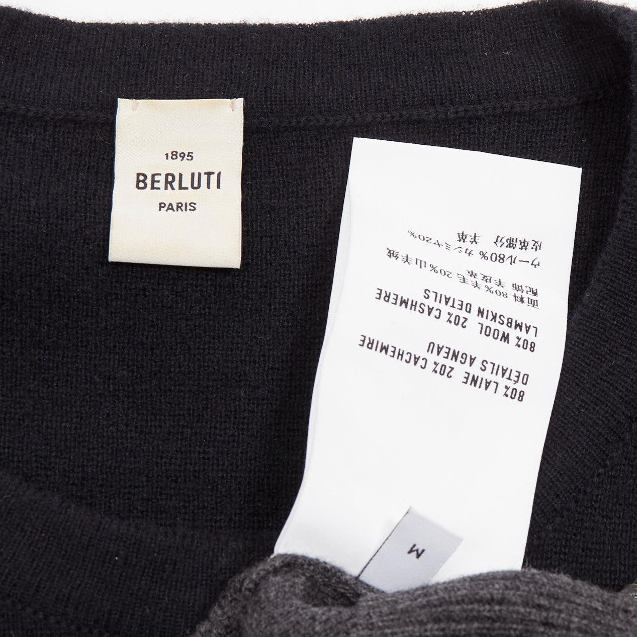 BERLUTI grey black yellow lambskin leather stitch wool cashmere split sweater M For Sale 4