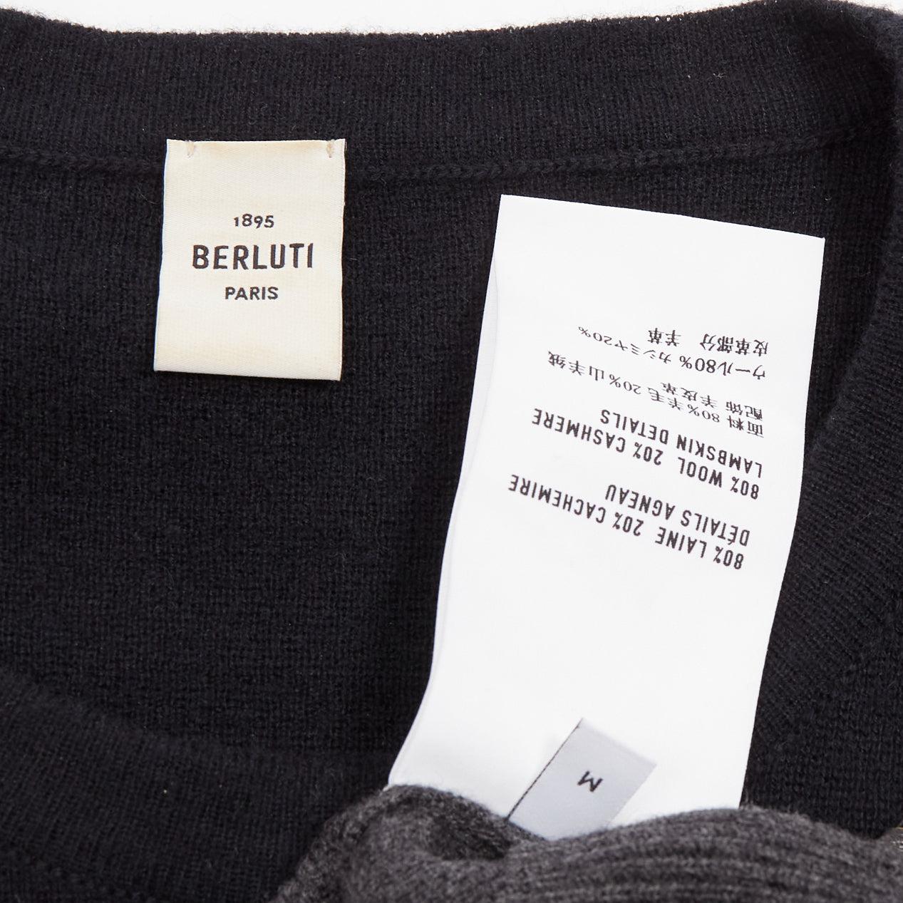 BERLUTI grey black yellow lambskin leather stitch wool cashmere split sweater M For Sale 3
