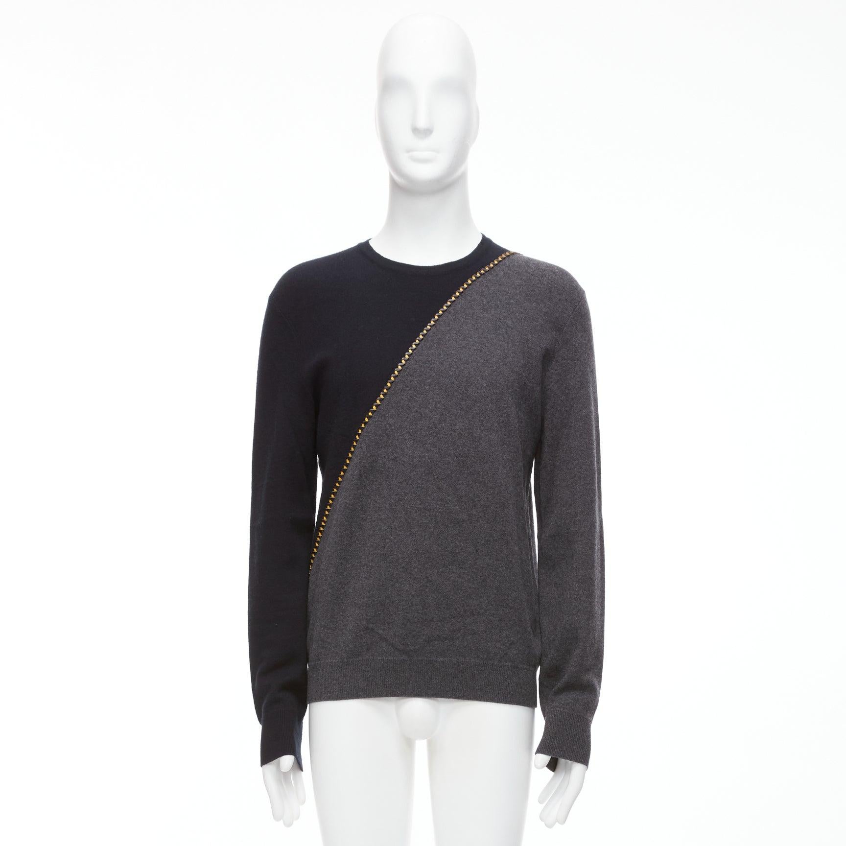 BERLUTI grey black yellow lambskin leather stitch wool cashmere split sweater M For Sale 4