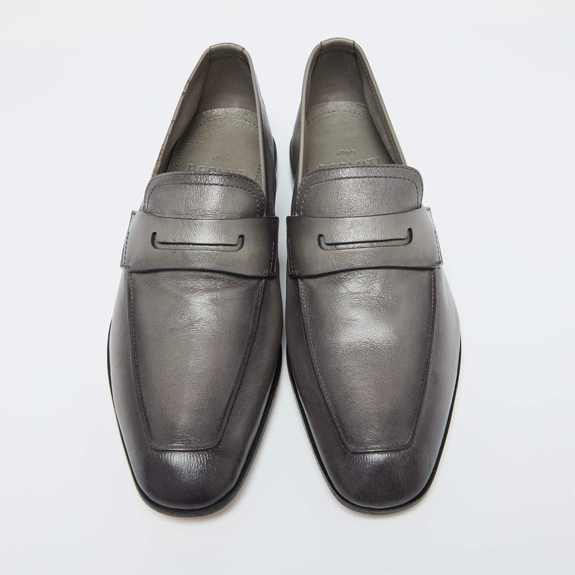 Gray Berluti Grey Leather Lorenzo Scritto Loafers Size 39