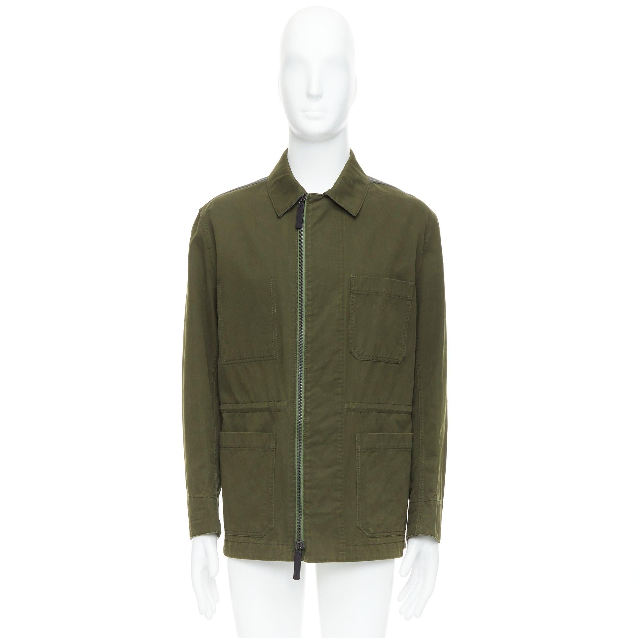 BERLUTI Haider Ackermann Runway green cotton leather back safari coat IT50 L For Sale 7