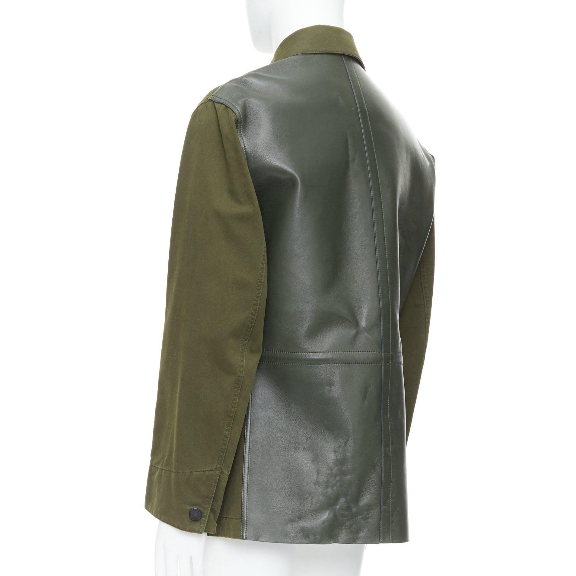 BERLUTI Haider Ackermann Runway green cotton leather back safari coat IT50 L
Reference: CNLE/A00407
Brand: Berluti
Designer: Haider Ackermann
Material: Leather, Cotton
Color: Green, Black
Pattern: Solid
Closure: Zip
Lining: Green Cotton
Extra