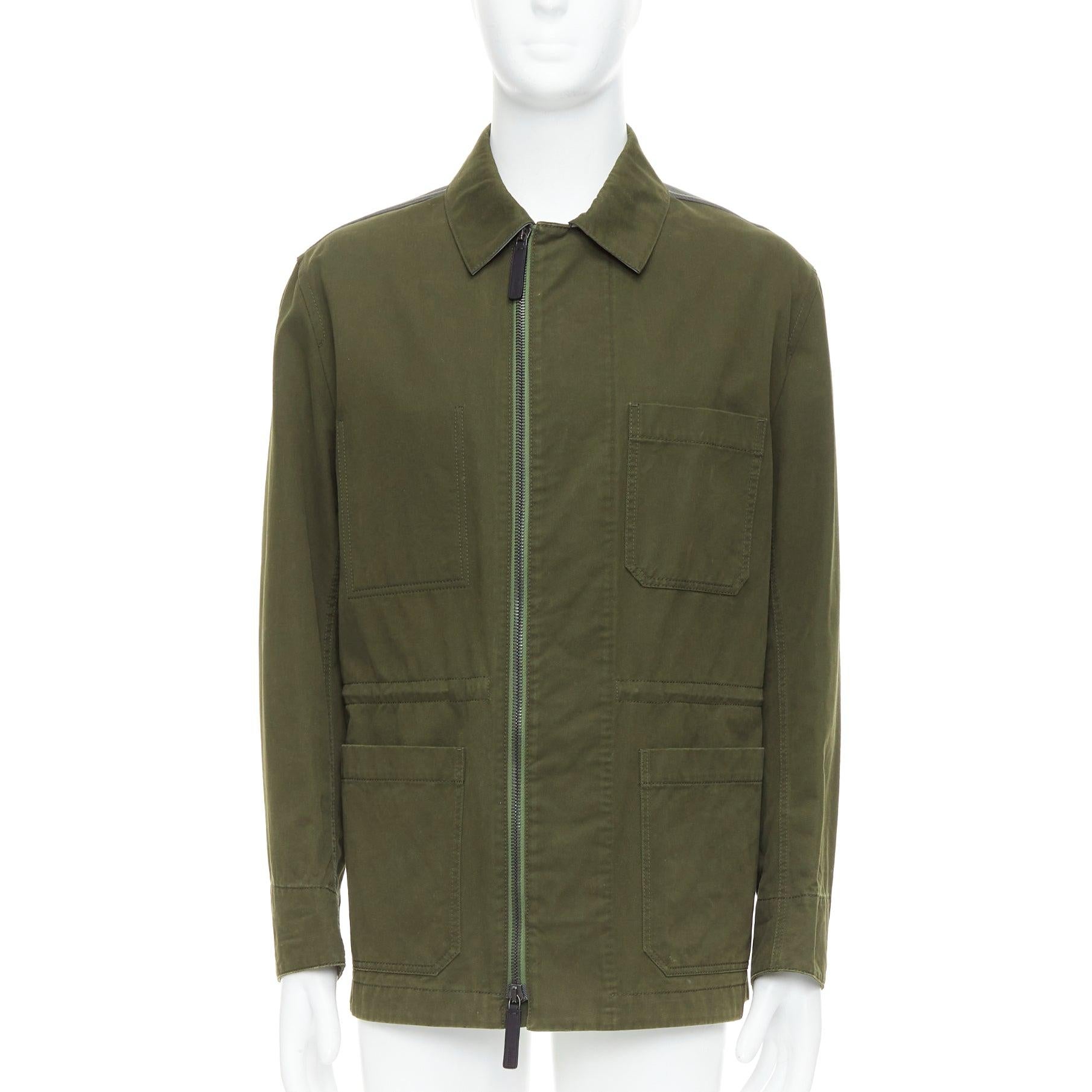 Black BERLUTI Haider Ackermann Runway green cotton leather back safari coat IT50 L For Sale