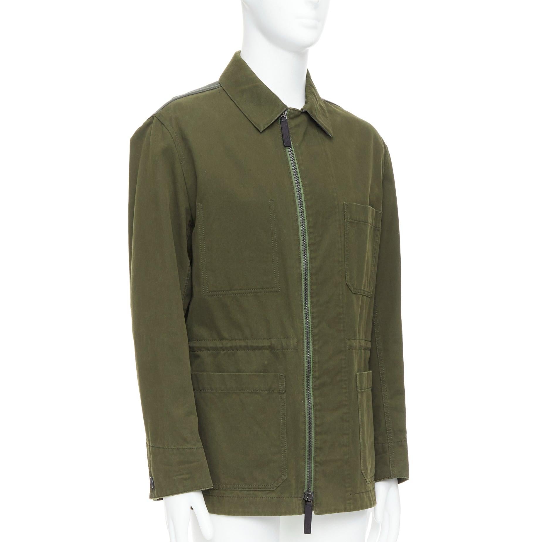 BERLUTI Haider Ackermann Runway green cotton leather back safari coat IT50 L In Fair Condition For Sale In Hong Kong, NT
