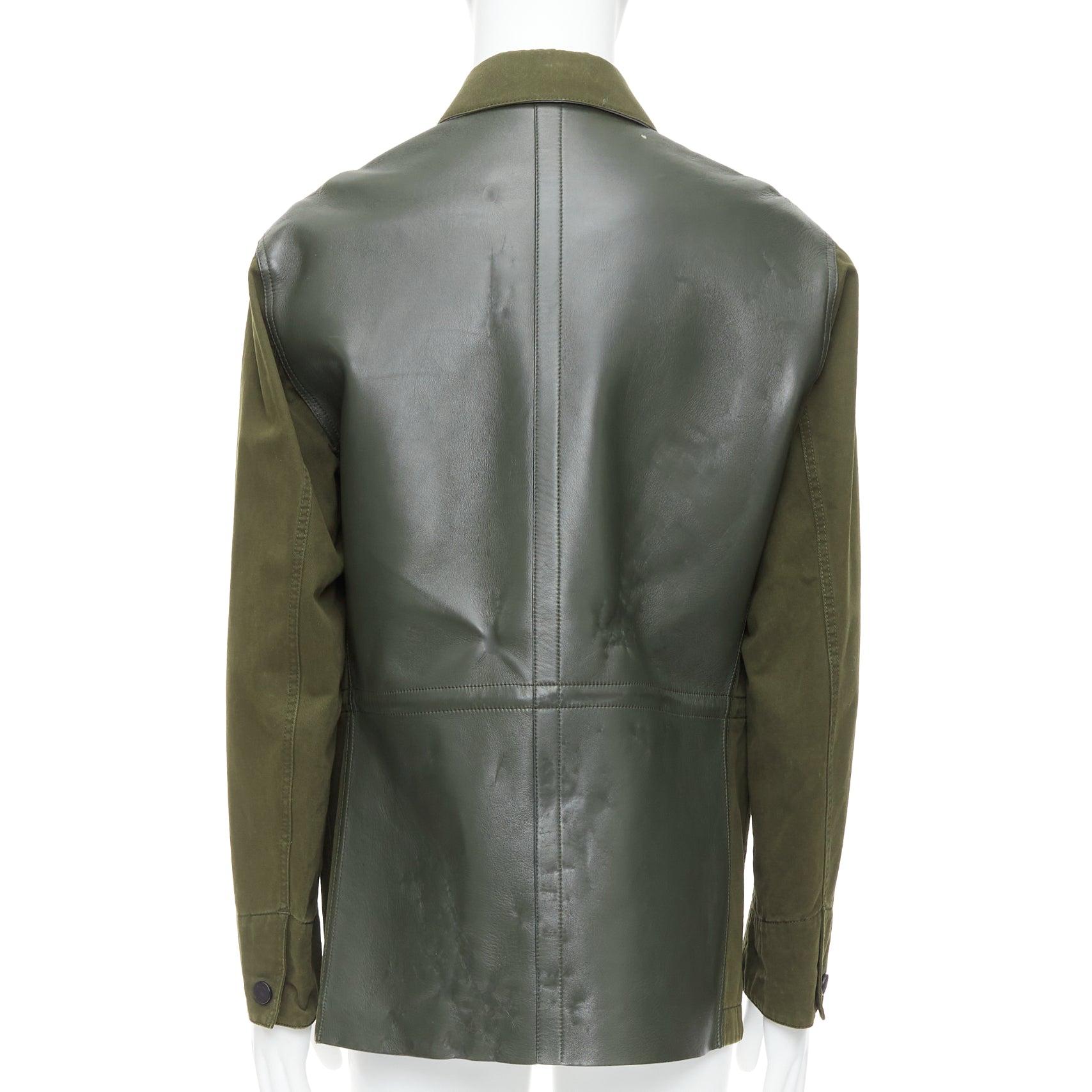 BERLUTI Haider Ackermann Runway green cotton leather back safari coat IT50 L For Sale 1