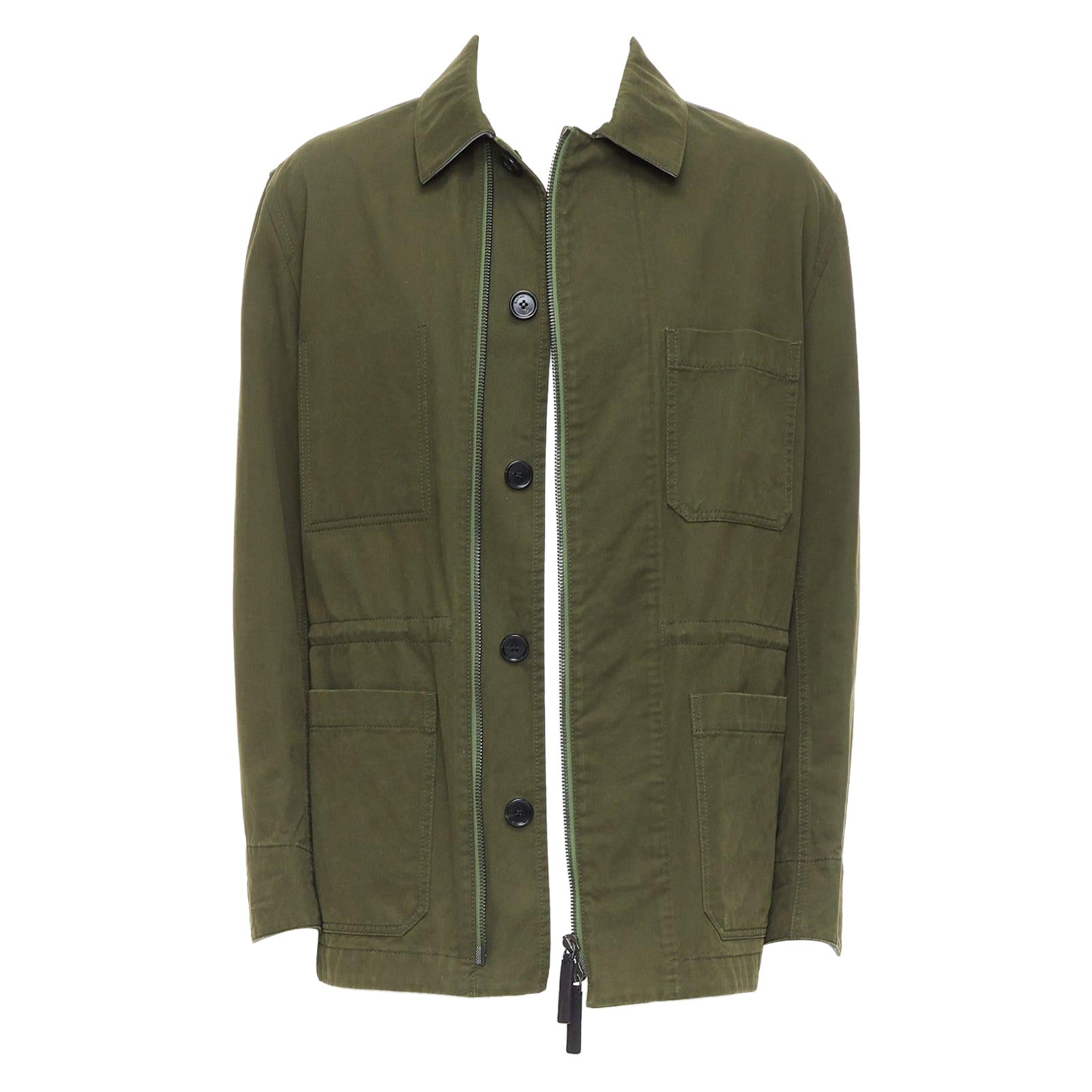 BERLUTI Haider Ackermann Laufsteg Safari-Mantel aus grüner Baumwolle und Leder mit Lederrücken IT50 L