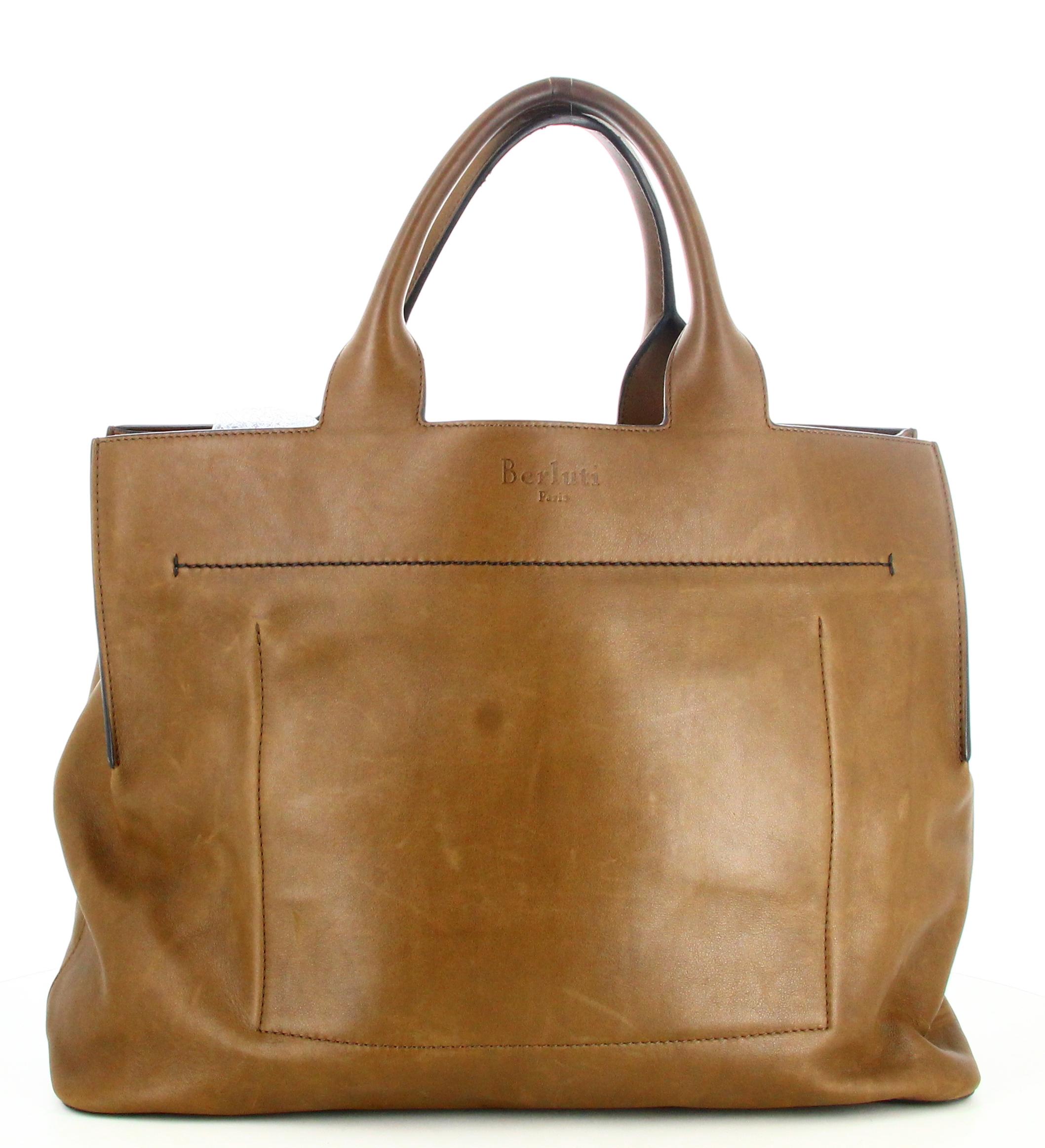 Berluti Khaki Leather Tote Bag 

- Good condition. Shows slight signs of wear over time.
- Tote Bag Berluti 
- Khaki leather
- two small leather handles 
- Inside: pocket