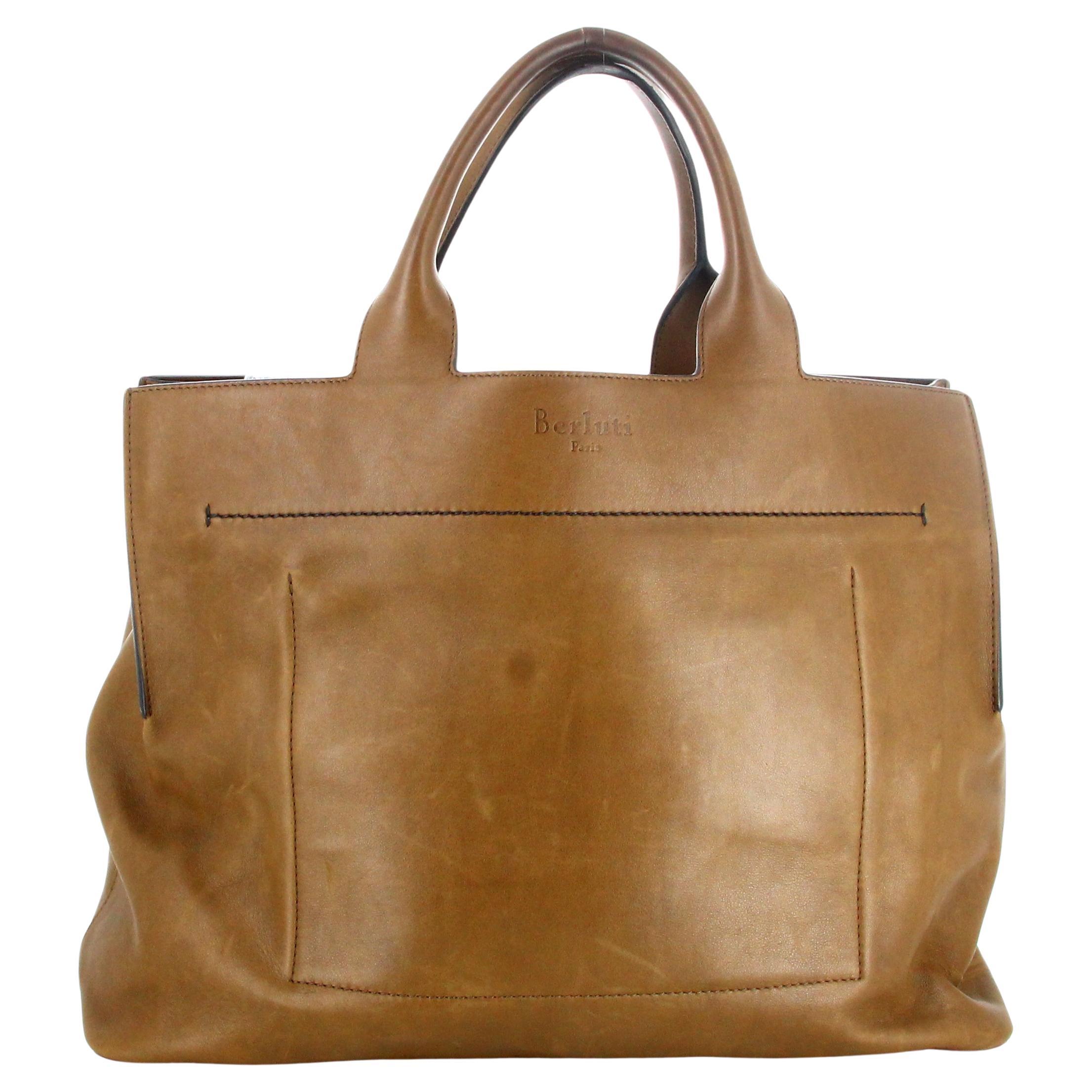 Berluti Khaki Leather Tote Bag 