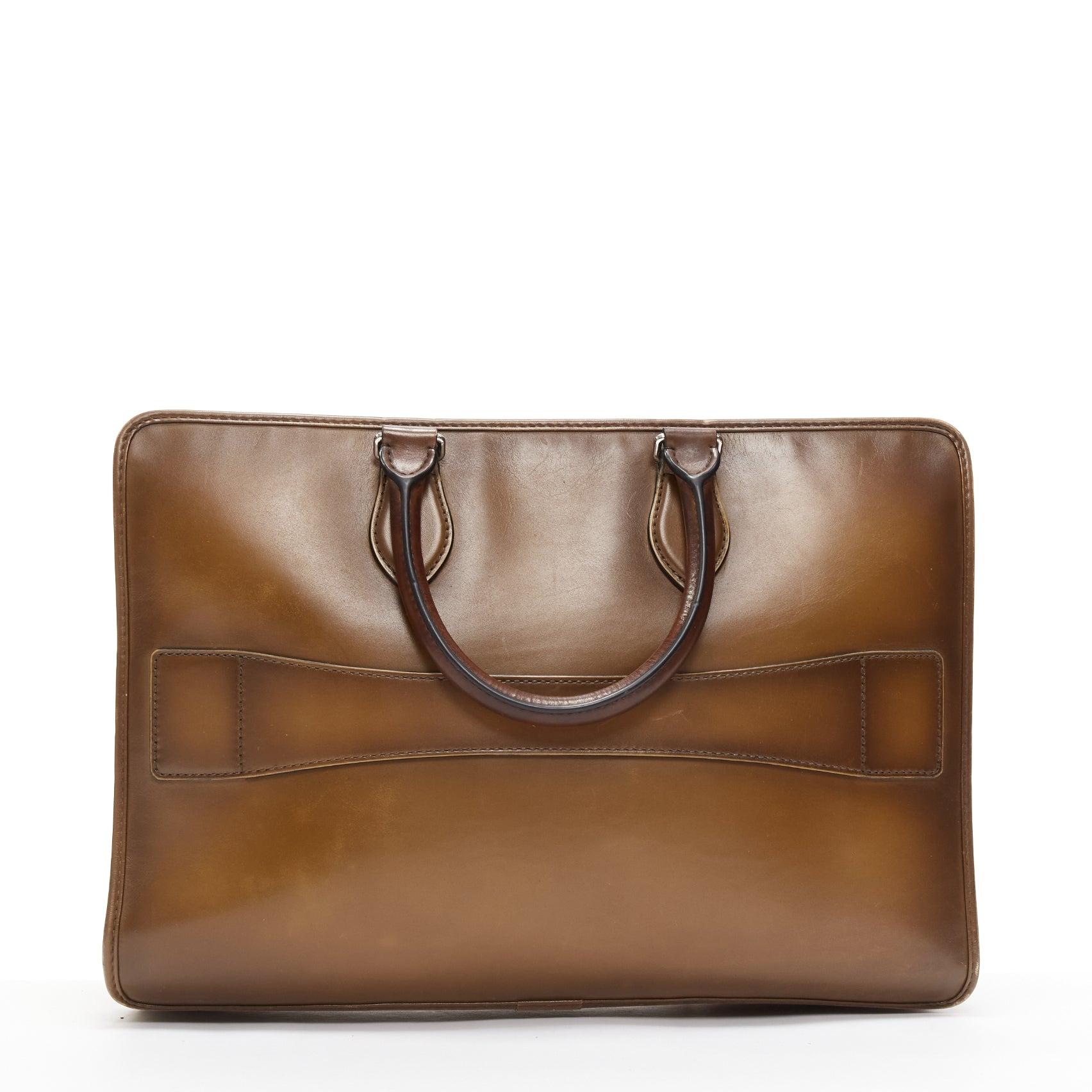 BERLUTI Un Jour brown leather logo zip top handle briefcase 1