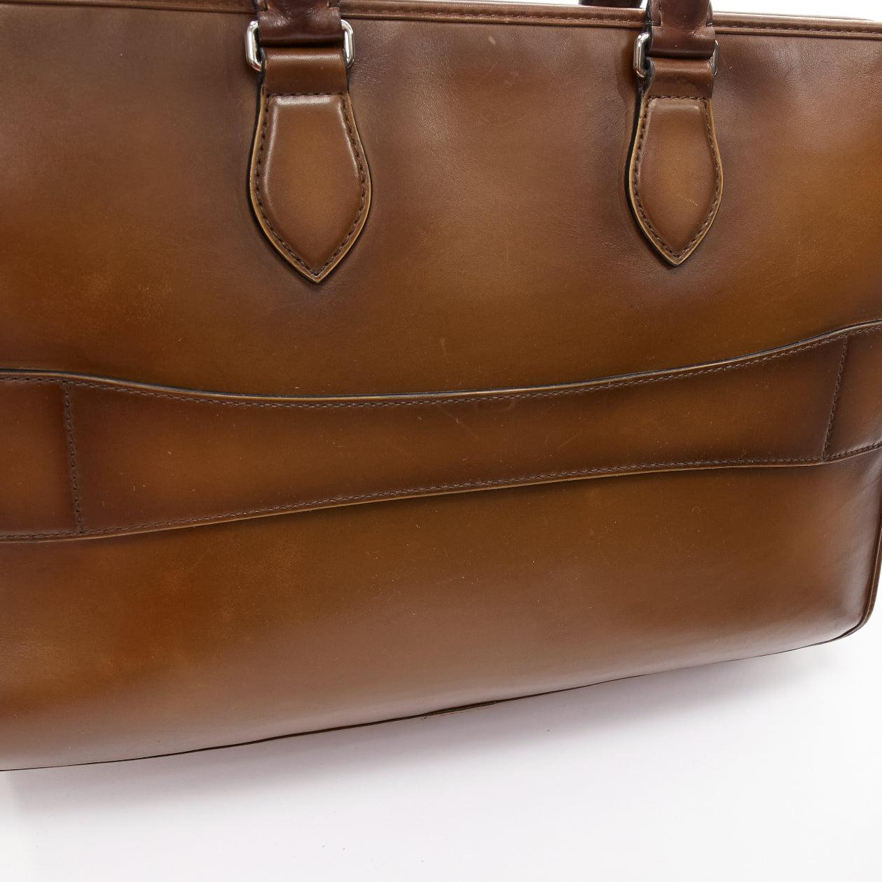 BERLUTI Un Jour brown leather logo zip top handle briefcase 4